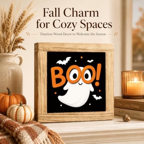 Halloween Wooden Sign, Boo Ghost and Bat Tabletop Decor for Home