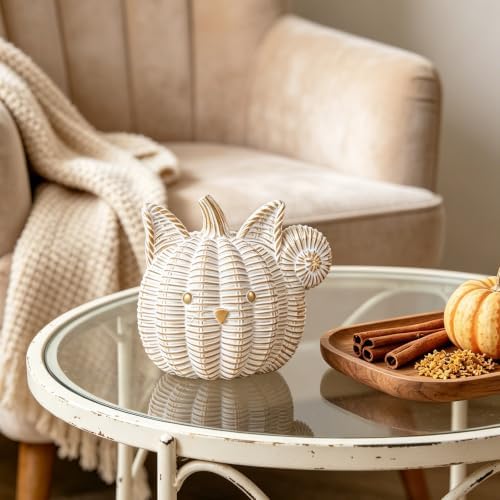 Fall Decor Animal Pumpkin Decorations – Squirrel Fake Pumpkin Resin Woven Design Animal Figurines for Table Shelf Mantel, Thanksgiving Halloween Decorations Gifts for Autumn Decor(Gold&White)