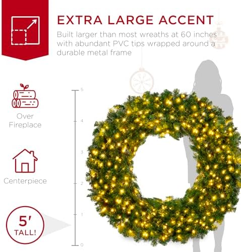 Best Choice Products 60in Large Artificial Pre-Lit Fir Christmas Wreath Holiday Accent Decoration w/ 300 LED Lights, 930 PVC Tips