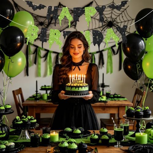 Glitter Happy Birthday Halloween Banner - NO DIY - Halloween Hanging Paper Garland Bunting Banner Decorations, Party Supplies for Kids Boy Girl Birthday Black Green