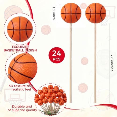 Soulchen 24 Pcs Basketball Centerpiece Sticks Set 1.57inches Basketball Balls with 7.87inches Sticks for Basketballs Themed Party Decorations Sports Banquet Table Centerpieces Team Event Decor