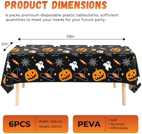 6 Pack Halloween Tablecloth, 54" x 108" Rectangular Plastic Halloween Pumpkin Ghost Table Cloth Large Size Halloween Table Covers for Home Decor Party Decorations