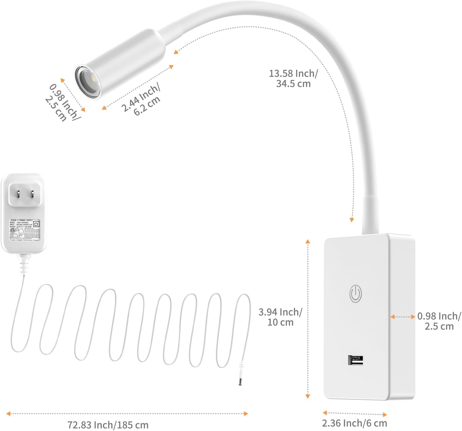 LED Wall Mounted Bedside Reading Light, Touch Dimmable Spot Lamp for Bedroom Headboard Light with 5V2A USB Port