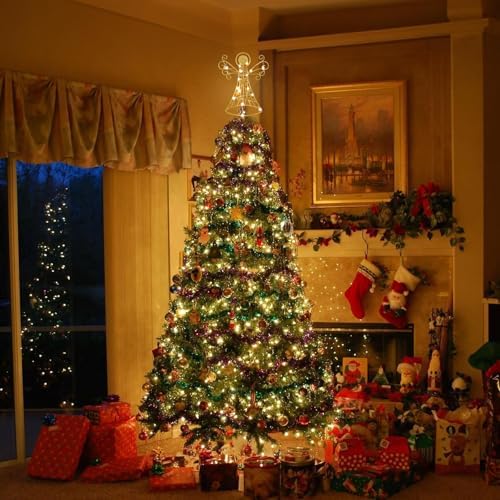 hogardeck Christmas Tree Topper, 12 Inches Glittered Gold Angel Tree Topper for Christmas Treetop, 30 LED Timer Sparkling Tree Toppers for Christmas Tree Decorations