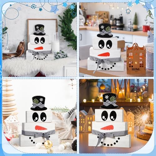 Moucuny 4 Pcs Wooden Snowman Blocks Tiered Tray Decor Farmhouse Table