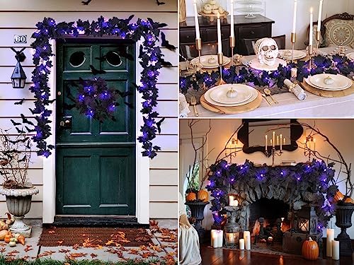RECUTMS Black Halloween Maple Leaf Garland with Purple Light,2Pc Fall Decor