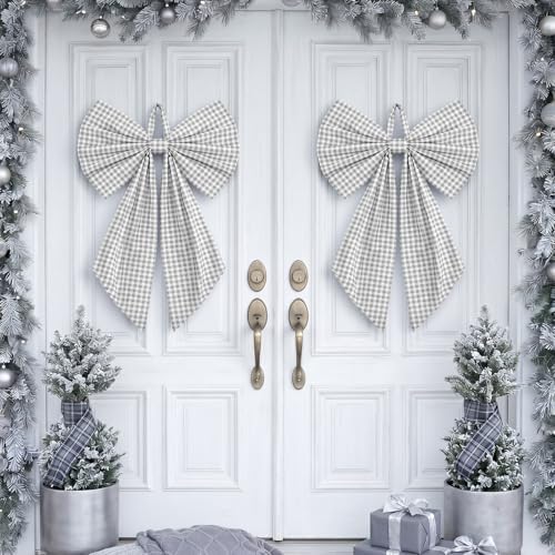 Suncalla 2 Pcs Grey Christmas Gingham Wreath Bows 18'' x 12''