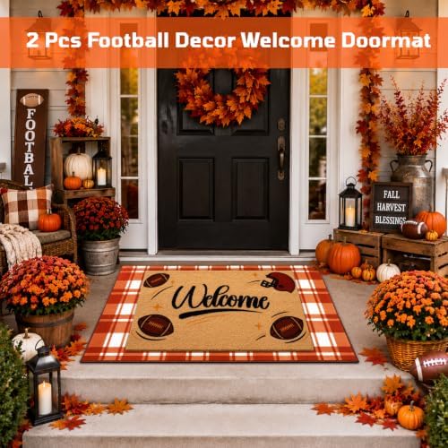 2 Pcs Fall Football Doormat-Fall Decor Orange White Door Mat Outdoor Set