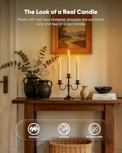 Homemory 6 Pcs Wax Flameless Taper Candles with Remote Timer and Dimmer, LED Candle Sticks with Flickering Light, Ivory Battery Operated Window Candles, 9.6 Inches for Wedding Home Indoor Decoration