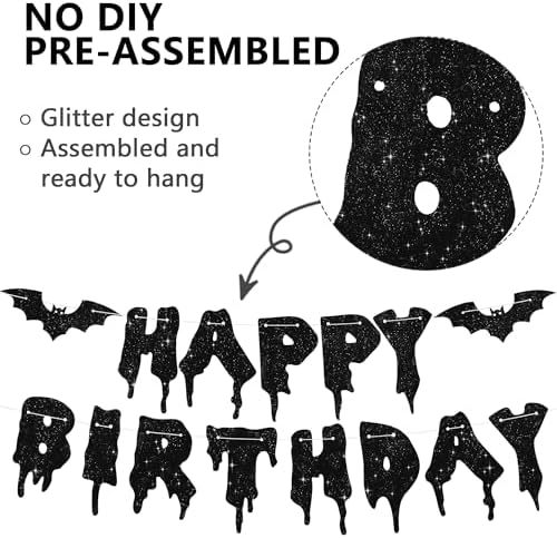 Glitter Black Glitter Happy Birthday Halloween Banner- NO DIY - Halloween Hanging Paper Garland Bunting Banner Decorations, Party Supplies for Kids Boy Girl Birthday