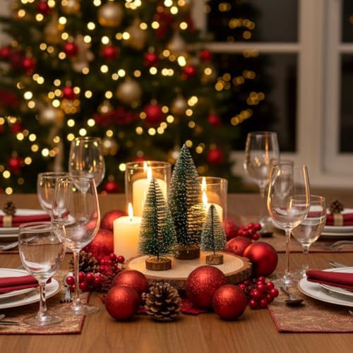 18 Pcs Bottle Brush Trees in 3 Size and 6 Pcs Wood Slices, Green