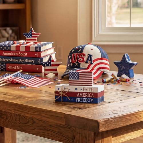 Smile Patriotic Wooden Block Stack with American Flag Decor, 4-Piece "Faith America Freedom" Tiered Tray Tabletop Sign for 4th of July & Memorial Day
