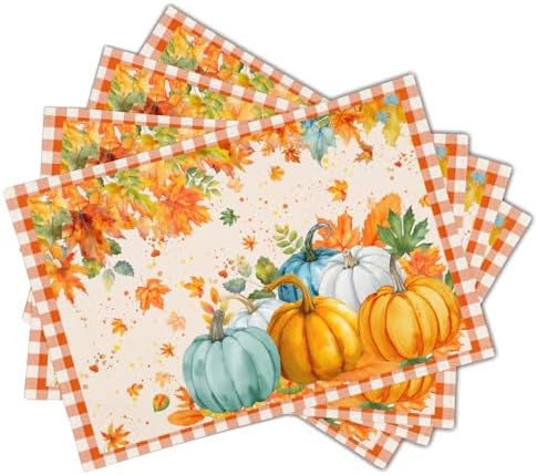 Fall Thanksgiving Placemats Set of 4 18x12 Inch Autumn Pumpkins Maple Leaves Linen Place Mats Heat-Resistant Washable Wipeable Orange Plaid Table Mat for Party Kitchen Dining Room Dinner Table Decor
