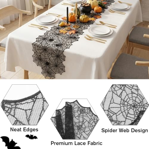 Halloween Table Runner, 2Pcs Black Lace Spider Web Table Runner Halloween Decorations 18 x 72 Inch Spiderweb Lace Table Decor for Kitchen Dinner Halloween Table Party Decor Masquerade Scary Nights