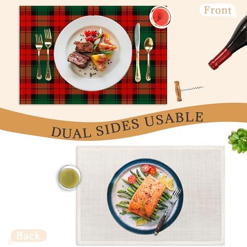 Christmas Plaid Placemats Set of 6,Washable Heat Resistant 12×18 Inch Linen Table Mats Green Red Place Mats for Party Outdoor Dining Décor