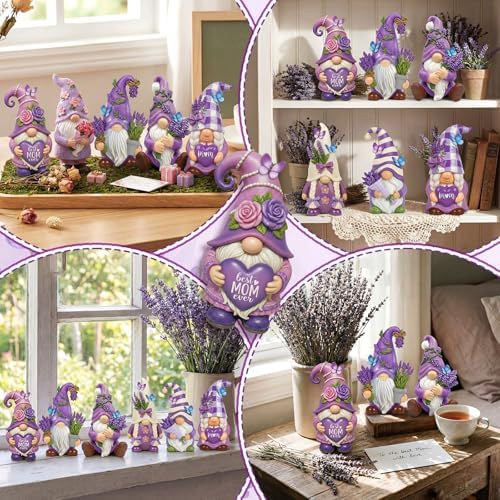 Simgoing 6 Pcs Purple Lavender Gnomes Mother's Figurines Lavender Gnomes with Best Mom Ever, Mom Resin Statues Table Decor for Mum Grandma Birthday Party Tabletop Home Centerpieces Tiered Tray Decor