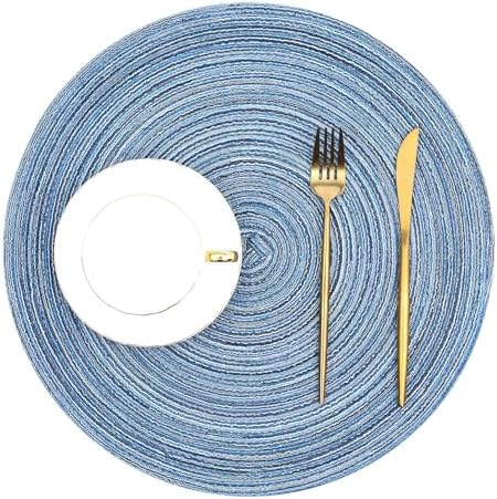 SHACOS Round Braided Placemats Set of 4 Dining Table Placemats 15 inch Circle Place Mats Easy to Clean Table Mats Indoor Outdoor, Blue Gray