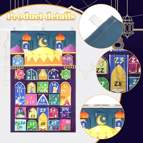 HOWAF Fabric Ramadan Advent Calendar (Countdown to Eid), Mosque Eid Ramadan Countdown Calendar with 30 Pockets for Ramadan Mubarak Home Wall Decoration, Islamic Decor Eid Holiday Advent Calendar Planner Supplies