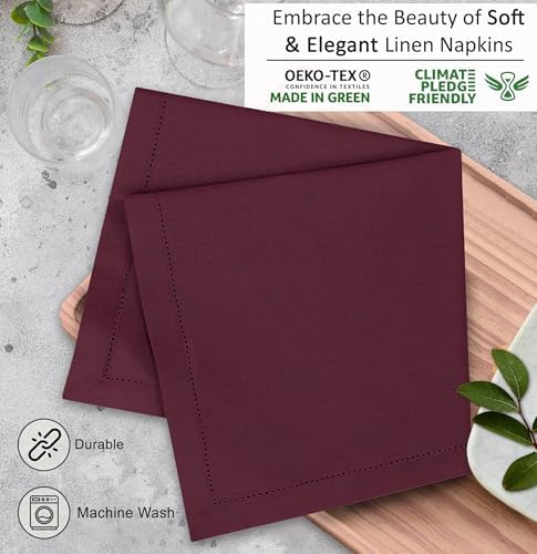 Ruvanti Premium Linen Napkins Set of 12-20x20 Inch, Classic Hemstitch, Mitered Corner Cloth Napkins ‎‎- Soft, Elegant Dinner Napkins Cloth Washable for Weddings, Parties, Everyday Use - Burgundy