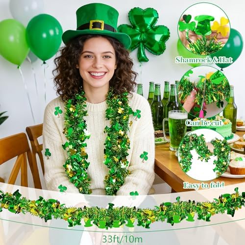 St Patrick's Day Tinsel Garland 33FT Gold Green Shamrock Hat Tinsel Garland Shiny Clover Metallic Hanging Decoration Irish Shamrock Garlands for Home Indoor Outdoor St Patrick Irish Home Decor