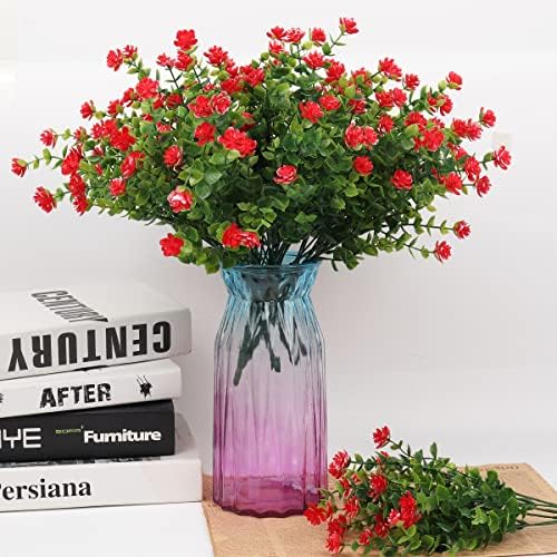 RECUTMS 12Pc Artificial Red Flowers Artificial Eucalyptus Front Porch Decor