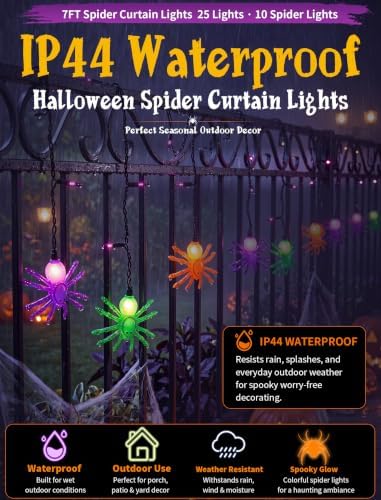 7FT Halloween Spider Curtain String Lights Plug-in 25 LED Decor