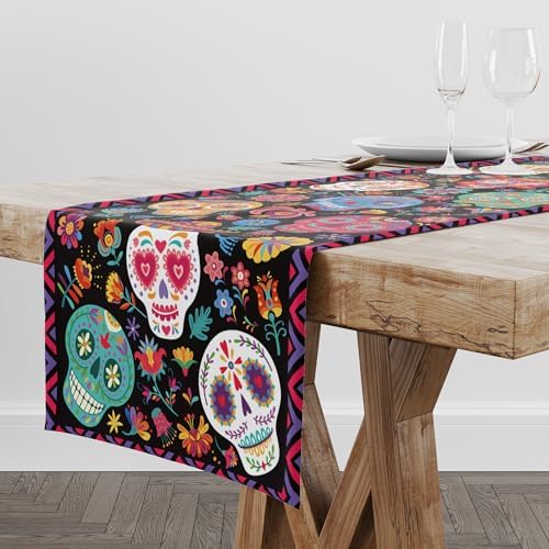 OHOME Dia De Los Muertos Decorations - Sugar Skulls Table Runner | Day of The Dead Catrinas Ofrenda Table Decorations Supplies Backdrop for Mexican Altar De Muertos Indoor Outdoor