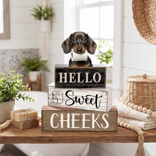 Moucuny 4 Pcs Farmhouse Dachshund Bathroom Decor, Hello Sweet Cheeks, Wood
