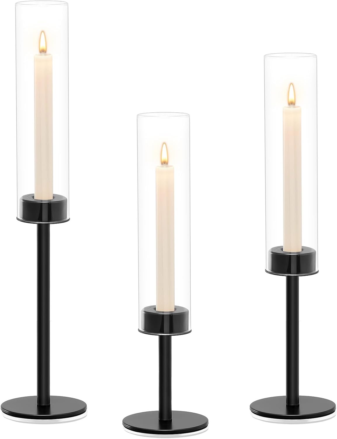 Black Hurricane Glass Candle Holders Set of 3 Tall Taper Candlestick Holder | Metal Candle Stick Holders, for Dining