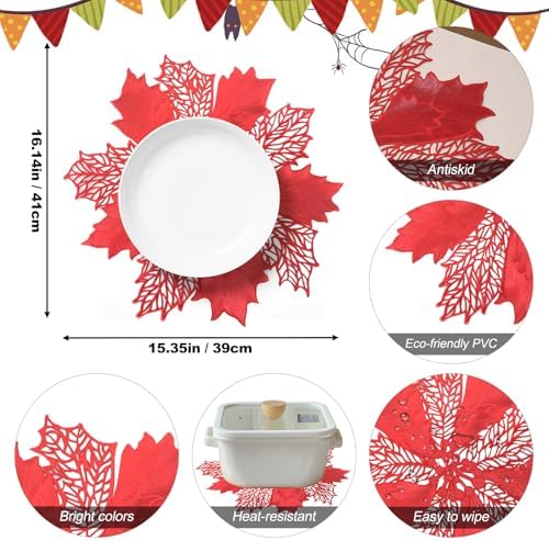 Christmas Placemats Set of 8,Red Flower Placemat Round Vinyl Table Mats for Kitchen Dinning Holiday Home Decoration