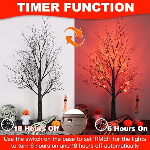 Halloween Decorations Indoor 2 Pack 24 Inch Black Halloween Tree with 48 Orange Red Led Lights, Timer/USB/Battery Operated Lighted Tabletop Spooky Tree for Halloween Table Decor Home Office Party