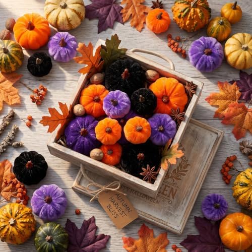 Weysat 24 Pcs Classic Artificial Pumpkins Fall Decor, Orange Purple Black