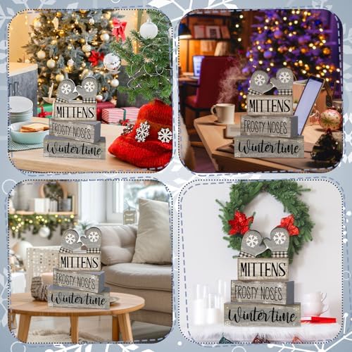 Lineshading 4 Pcs Winter Table Decorations Wooden Mittens Decor Winter Tiered Tray Decor Rustic Snowflake Mittens Block