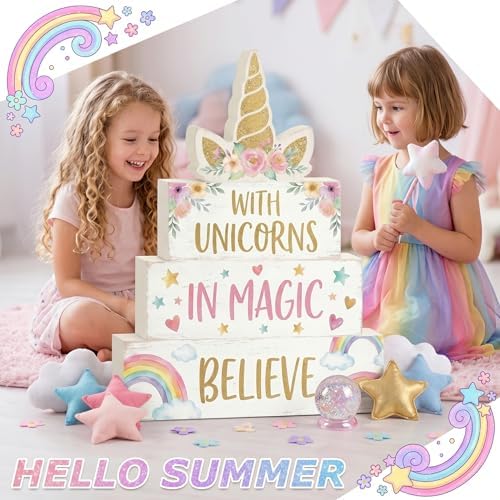Britimes Tiered Tray Decor Set, 4 Pack, Wooden Table Sign, Unicorn Rainbow