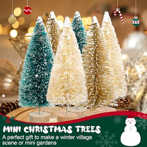 24 Pcs 4 Inch Mini Christmas Tree Bottle Brush Trees Artificial Frosted Sisal Christmas Tree with Wood Base for Christmas Decoration and Display Home Tabletop (Gold, Cyan, Beige)