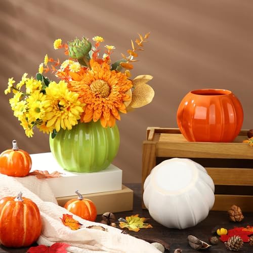 3 Pcs Ceramic Pumpkin Vase 5.5" White Orange Green Pumpkin Decor Fall Vase