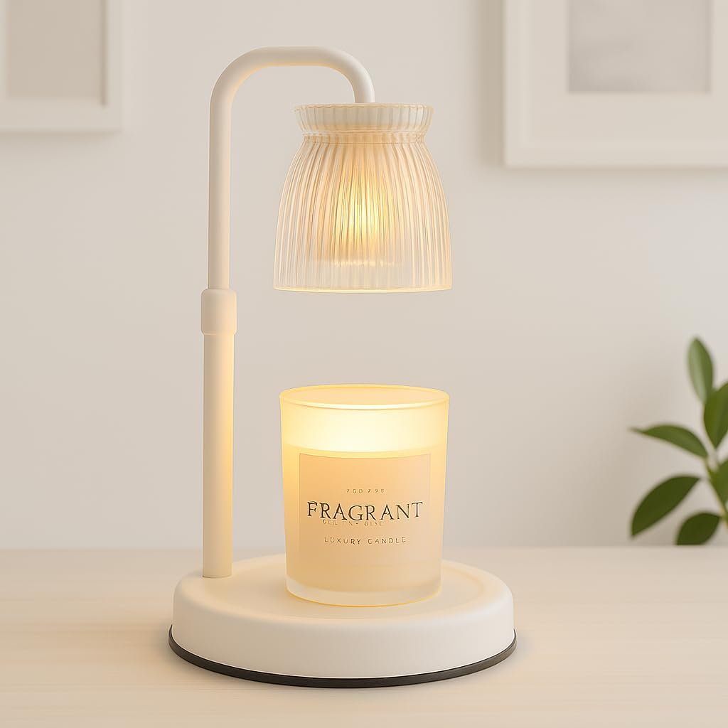 Shering White Candle Warmer Lamp with Timer & Dimmable - Metal Base & Glass Shade, Adjustable Height Wax Melter for Jar
