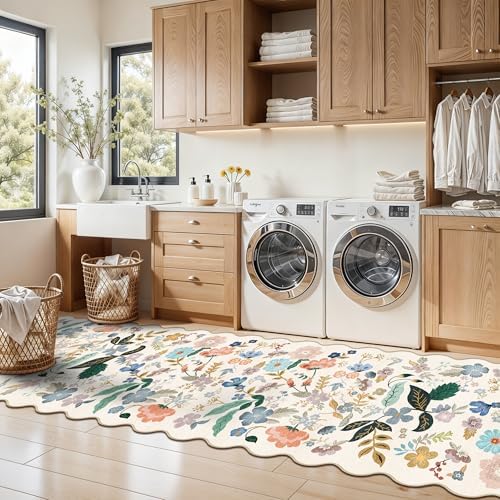 Washable 2x8 Hallway Runner Rug: Vintage Water-Resistant Floral Scalloped Kitchen Entryway Rug Ultra Soft Living Room
