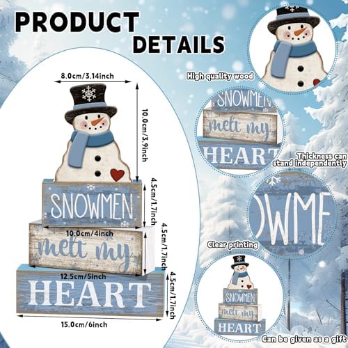 Moucuny 4 Pcs Snowman Block Signs Farmhouse Table Decoration Wood