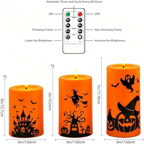 kakoya 5 Pack Halloween Flameless LED Pillar Candles, Orange Plastic Battery Operated Candles with 2 Remote Timer, Castle Pumpkin Witch Pattern for Halloween Spooky Decor
