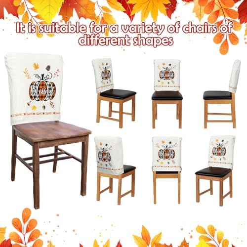 Moukeren Fall Chair Back Cover Set of 6 Thanksgiving Pumpkin Slipcovers Stretch Dining Chair Back Covers Farmhouse Removable Elastic Seat Protector for Home Thanksgiving Harvest Party Kitchen Decor