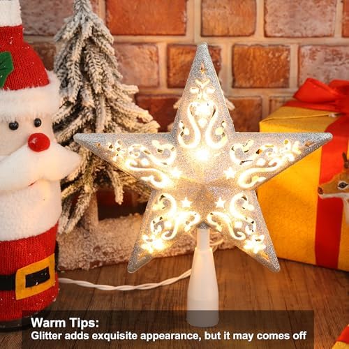 Brizled Christmas Tree Topper with 10 Warm Lights, 8" Silver Star Tree top