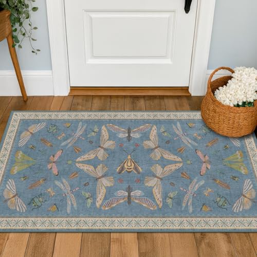 Dusty Blue Bathroom Rug 2x4 - Aqua Blue Rug for Entryway Indoor Entrance, Kitchen Floor, Washable Low Pile Stain & Fade