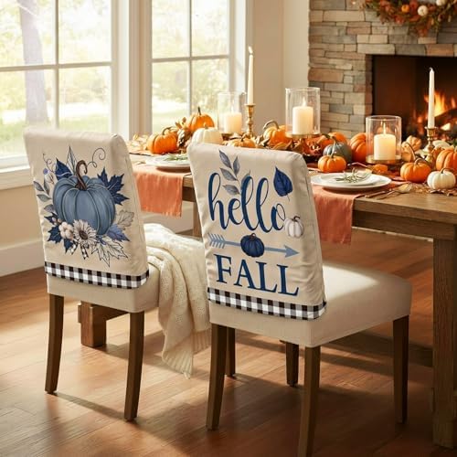 6 Pcs Fall Chair Covers, Vintage Blue Pumpkin Slipcovers