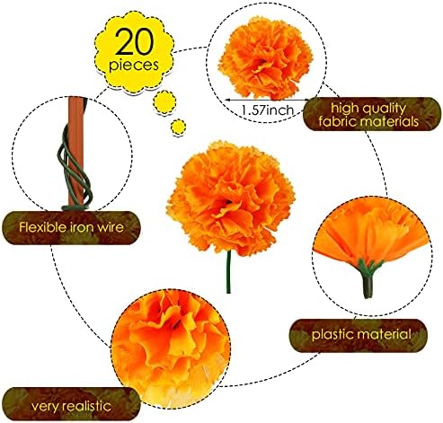Waydress 20 Pcs Artificial Marigold Flowers Halloween,Gold and Orange