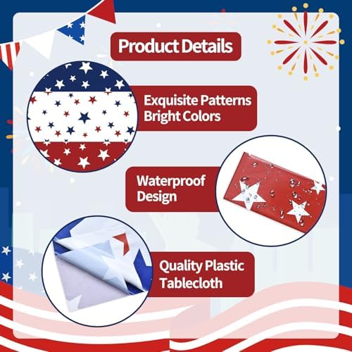 Gistome 3 Pack 54 x 108 Inch 4th of July Plastic Tablecloths, Red White Blue Stars Disposable Rectangle Table Covers for Independence Day Memorial Day Party Decorations