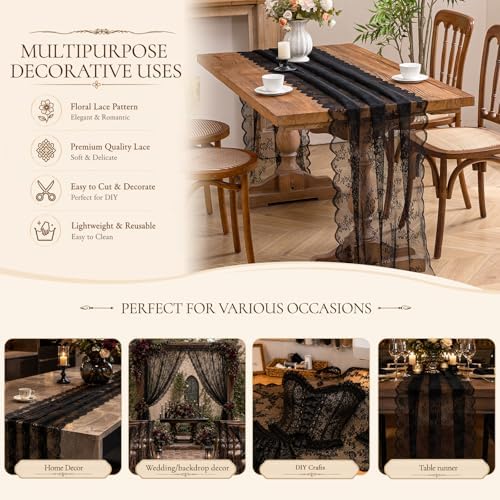 Black Lace Table Runner with Floral Embroidered (3pcs, 28”x118”)