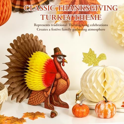 SUNBEAUTY Fall Thanksgiving Decoration Honeycomb Turkey Pumpkin Table Decor Paper Pom Poms Pumpkin Lantern Maple Leaf Garland for Fall Friendsgiving Thanksgiving Autumn Harvest Party Supplies