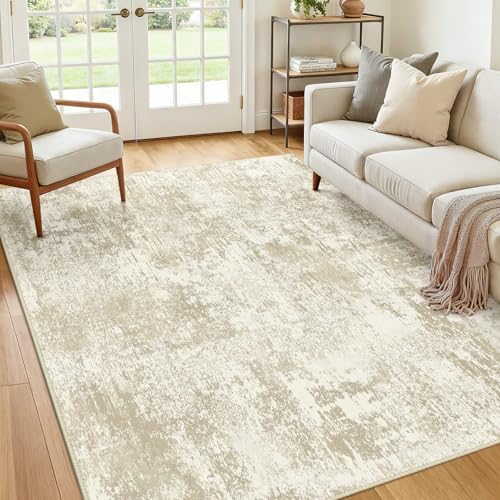 RELEANY Washable 5'x7' Abstract Area Rug for Living Room Cream Beige