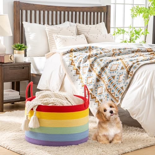 KAKAMAY Large Blanket Basket with Handles, Storage Basket for Living Room